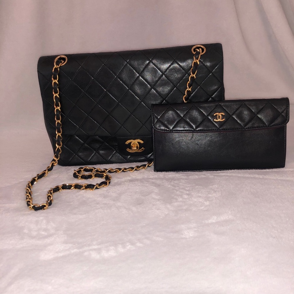 Authentic CHANEL black lamb skin purse and wallet
